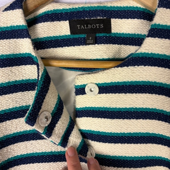 Talbots Cream Navy Cotton Blend Striped Blazer Jacket Nautical Preppy - Picture 7 of 8